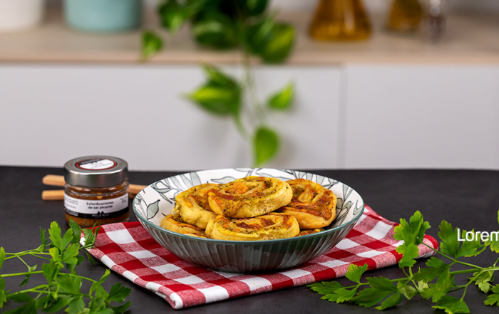rolls de queso y pesto con esferificaciones sal picante milenia