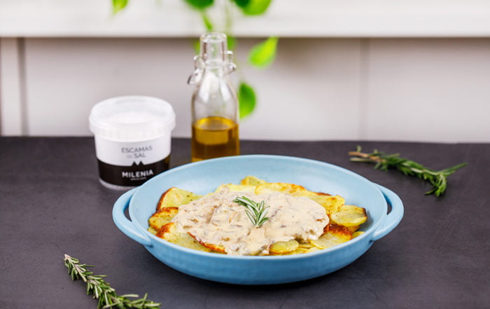 patatas champiñones gorgonzola sal escamas milenia